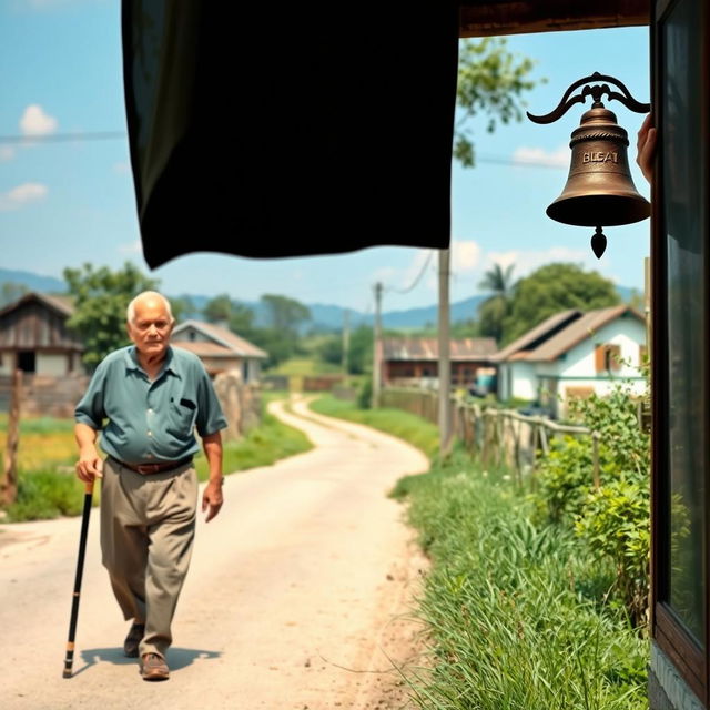 An elderly man walking along a village road, holding a cane in his hand, with a serene and picturesque rural backdrop