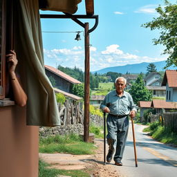 An elderly man walking along a village road, holding a cane in his hand, with a serene and picturesque rural backdrop