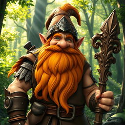 A cheerful and stout gnome druid with a long, flowing orange beard and hair, wearing rugged leather armor that emphasizes his muscled and robust physique