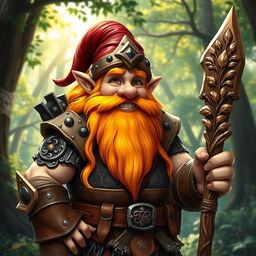 A cheerful and stout gnome druid with a long, flowing orange beard and hair, wearing rugged leather armor that emphasizes his muscled and robust physique