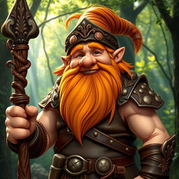 A cheerful and stout gnome druid with a long, flowing orange beard and hair, wearing rugged leather armor that emphasizes his muscled and robust physique