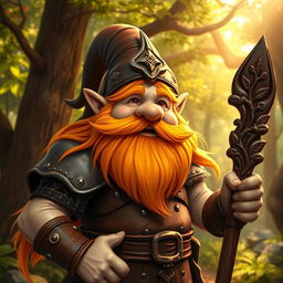 A cheerful and stout gnome druid with a long, flowing orange beard and hair, wearing rugged leather armor that emphasizes his muscled and robust physique