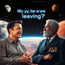 A visionary scene depicting a necessary meeting between Elon Musk and Wernher von Braun, set against a backdrop of the Moon and Mars