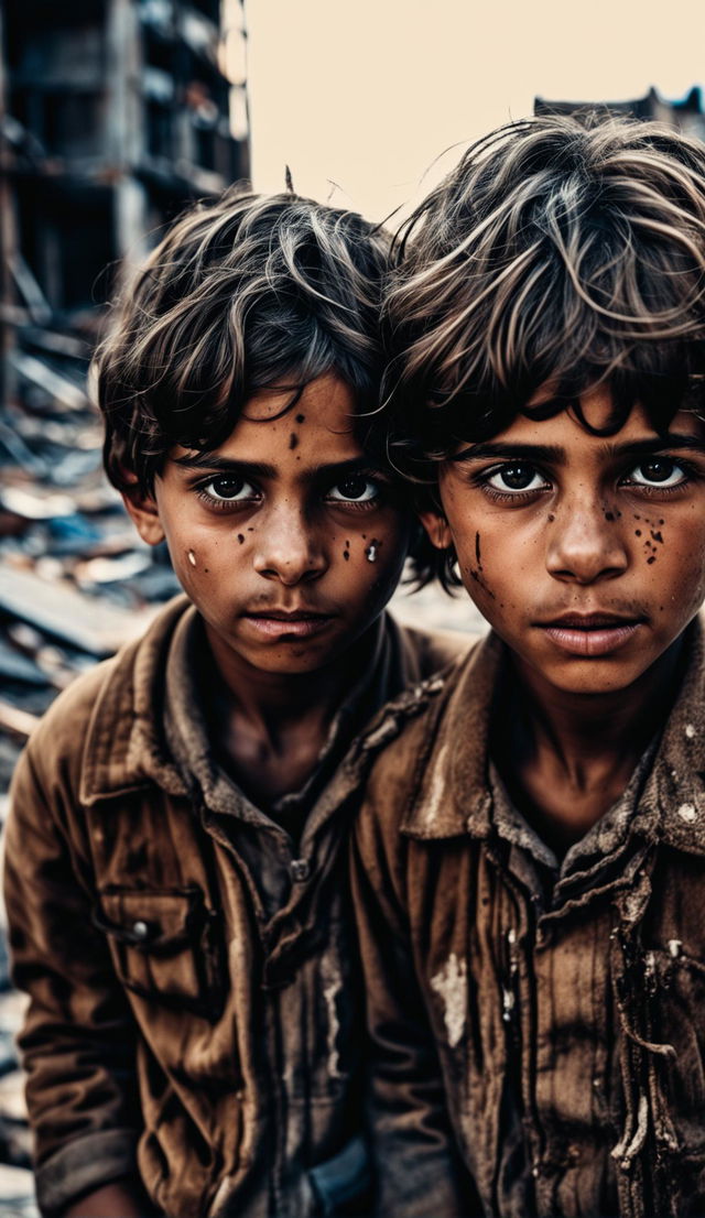 16k resolution photograph of siblings with symmetrical features and large pupils in a war-torn landscape, taken in low light with sharp focus.