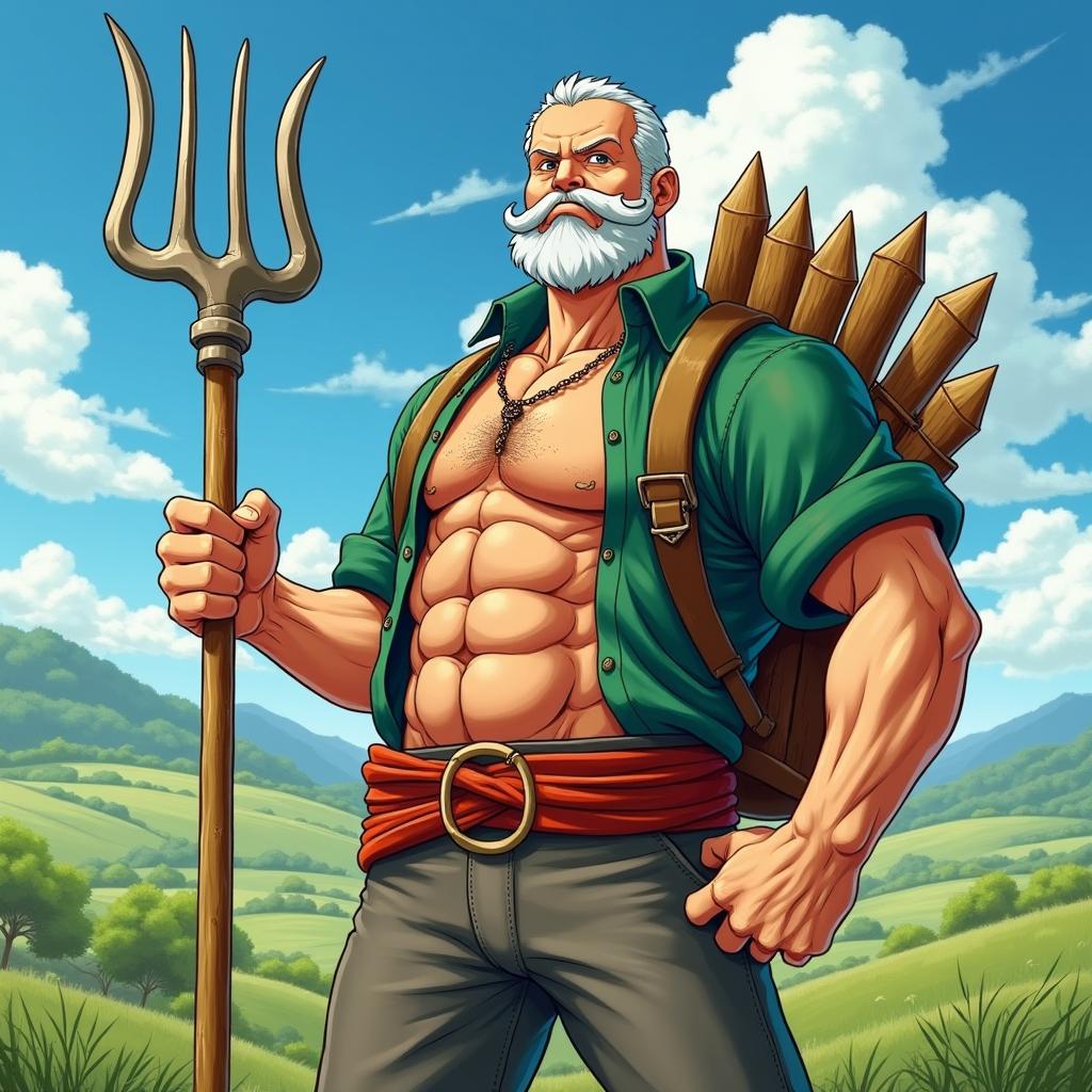 An anime-style illustration inspired by One Piece, featuring an old medieval farmer man characterized by a buff chest and arms, along with an impressive 8-pack abs, embodying his role as a badass zealot for farming