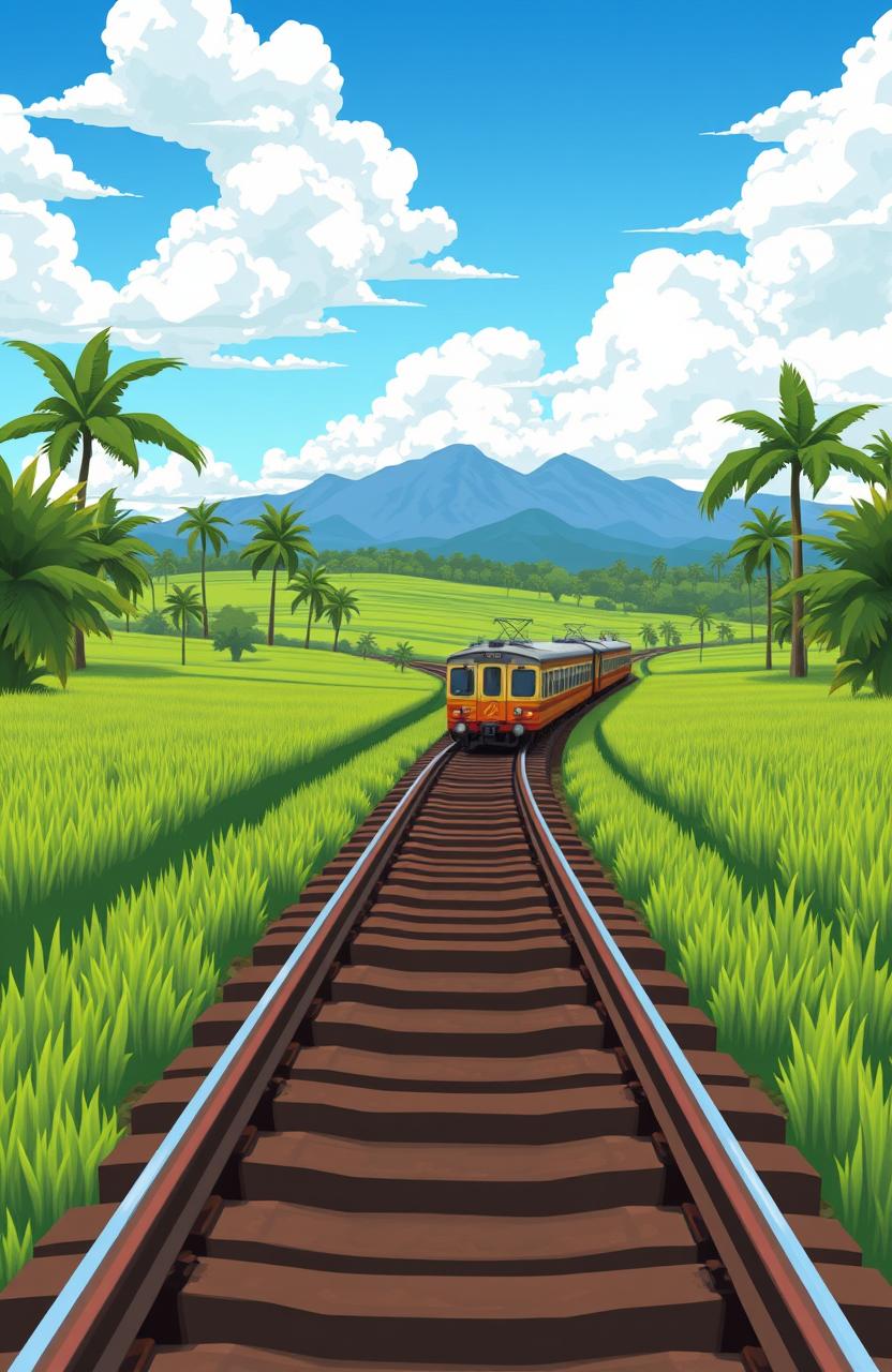 A simple yet captivating animated Indonesian train track scene designed for a novel cover