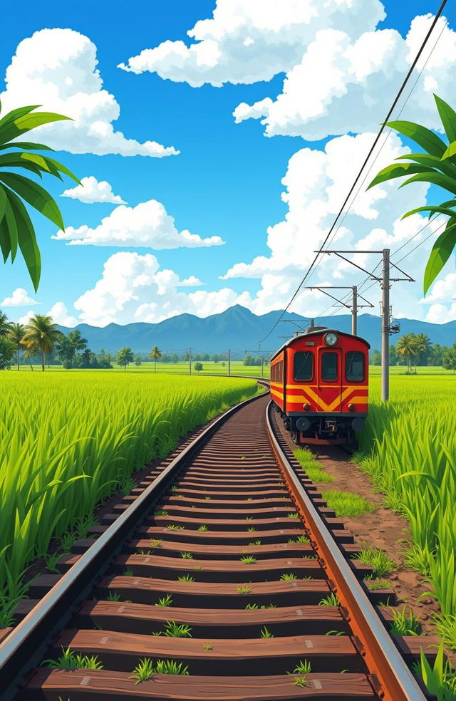 A simple yet captivating animated Indonesian train track scene designed for a novel cover