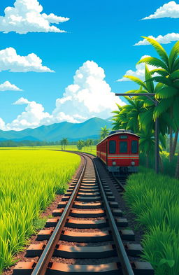 A simple yet captivating animated Indonesian train track scene designed for a novel cover