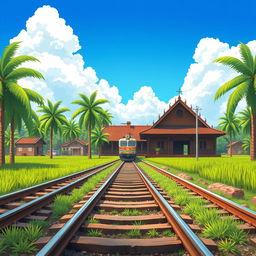 A simple yet captivating animated Indonesian train track scene featuring an old train station, designed for a novel cover