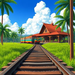 A simple yet captivating animated Indonesian train track scene featuring an old train station, designed for a novel cover