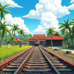 A simple yet captivating animated Indonesian train track scene featuring an old train station, designed for a novel cover