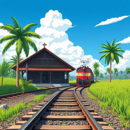 A simple yet captivating animated Indonesian train track scene featuring an old train station, designed for a novel cover