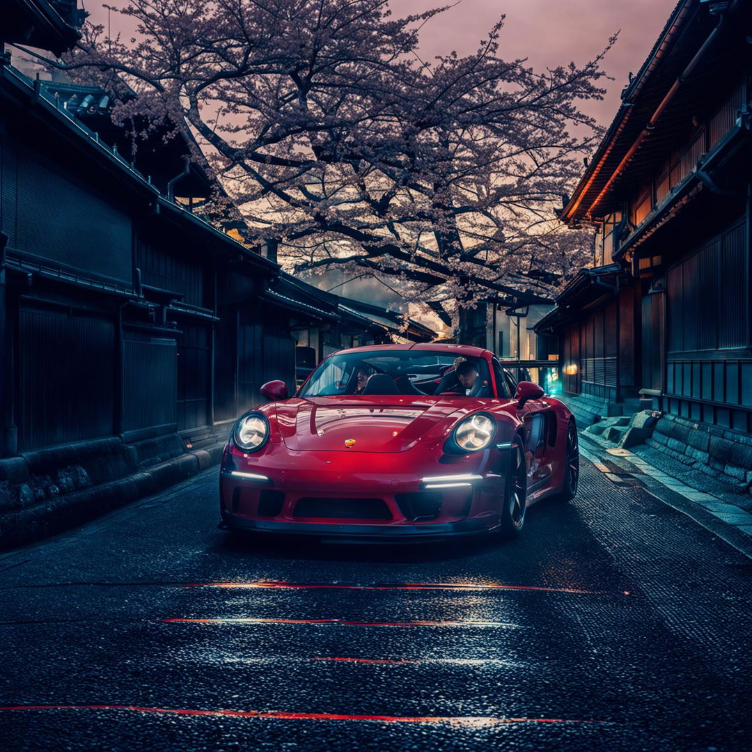 A Porsche GT3 cruising through Kyoto's historic streets, captured in the style of Yousuf Karsh with particles floating in the air.