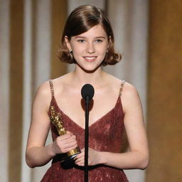 Teenager with a chestnut butterfly haircut on stage delivering a speech with her Oscar award in her hand.