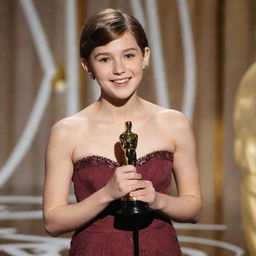 Teenager with a chestnut butterfly haircut on stage delivering a speech with her Oscar award in her hand.