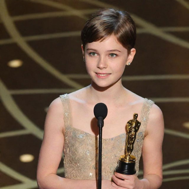 Teenager with a chestnut butterfly haircut on stage delivering a speech with her Oscar award in her hand.