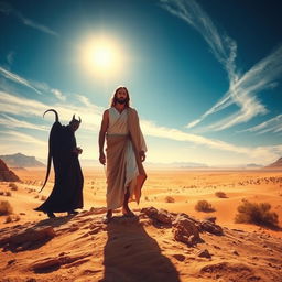 A dramatic scene of Jesus being tempted in the desert by the devil