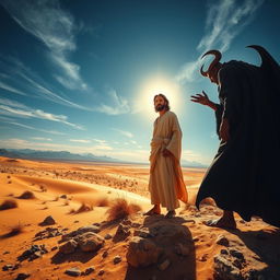 A dramatic scene of Jesus being tempted in the desert by the devil