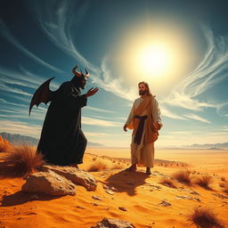 A dramatic scene of Jesus being tempted in the desert by the devil