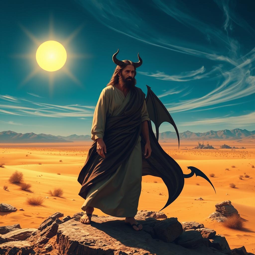 A dramatic scene of Jesus being tempted in the desert by the devil