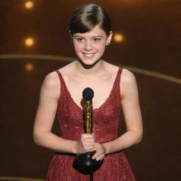 Teenager with a chestnut butterfly haircut on stage delivering a speech with her Oscar award in her hand.