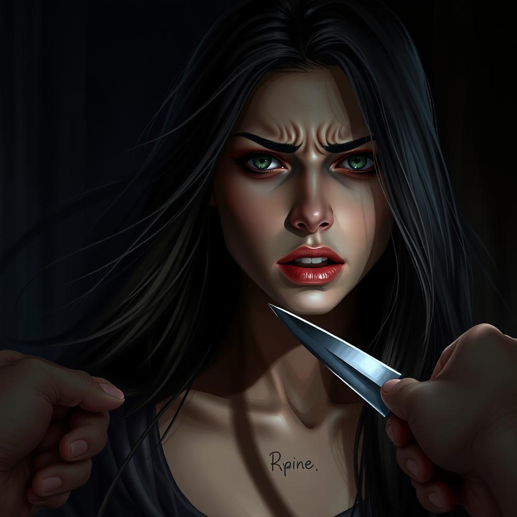 A dramatic scene depicting a young woman with a look of fear and defiance, her long flowing hair framing her face, as she experiences a tense moment where a knife is held to her throat