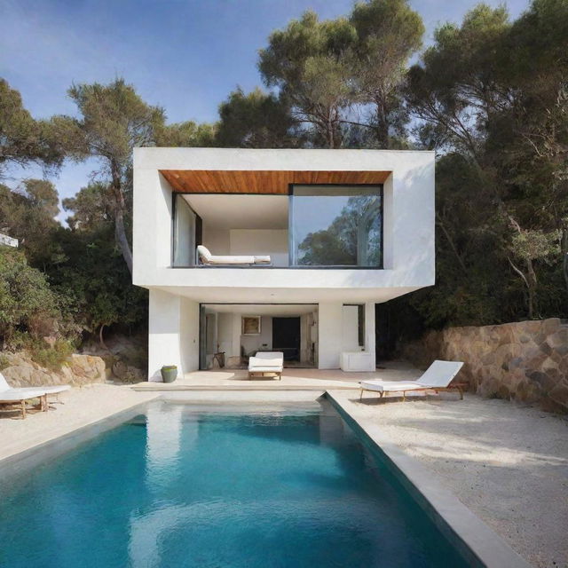 A small modern beach house with a compact pool in the front, with a design that breaks away from the norm, offering a unique experience through its architectural creativity and artistic details.