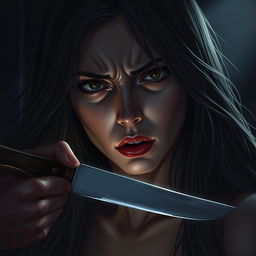 A dramatic scene depicting a young woman with a look of fear and defiance, her long flowing hair framing her face, as she experiences a tense moment where a knife is held to her throat