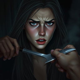 A dramatic scene depicting a young woman with a look of fear and defiance, her long flowing hair framing her face, as she experiences a tense moment where a knife is held to her throat