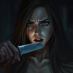 A dramatic scene depicting a young woman with a look of fear and defiance, her long flowing hair framing her face, as she experiences a tense moment where a knife is held to her throat