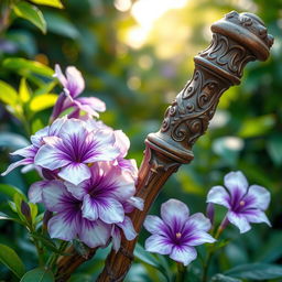 A beautifully detailed depiction of the "Vara de Aarão" (Aaron's rod) that has miraculously blossomed, showcasing its vibrant flowers in a lush, verdant environment