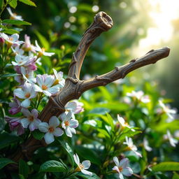 A beautifully detailed depiction of the "Vara de Aarão" (Aaron's rod) that has miraculously blossomed, showcasing its vibrant flowers in a lush, verdant environment