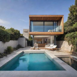 A small modern beach house with a compact pool in the front, with a design that breaks away from the norm, offering a unique experience through its architectural creativity and artistic details.