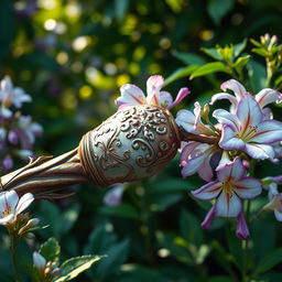 A beautifully detailed depiction of the "Vara de Aarão" (Aaron's rod) that has miraculously blossomed, showcasing its vibrant flowers in a lush, verdant environment