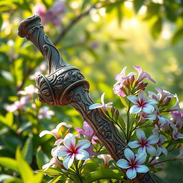 A beautifully detailed depiction of the "Vara de Aarão" (Aaron's rod) that has miraculously blossomed, showcasing its vibrant flowers in a lush, verdant environment