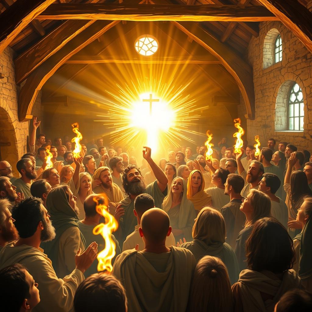 The descent of the Holy Spirit in the primitive church, depicting a scene filled with believers gathered in an ancient church setting