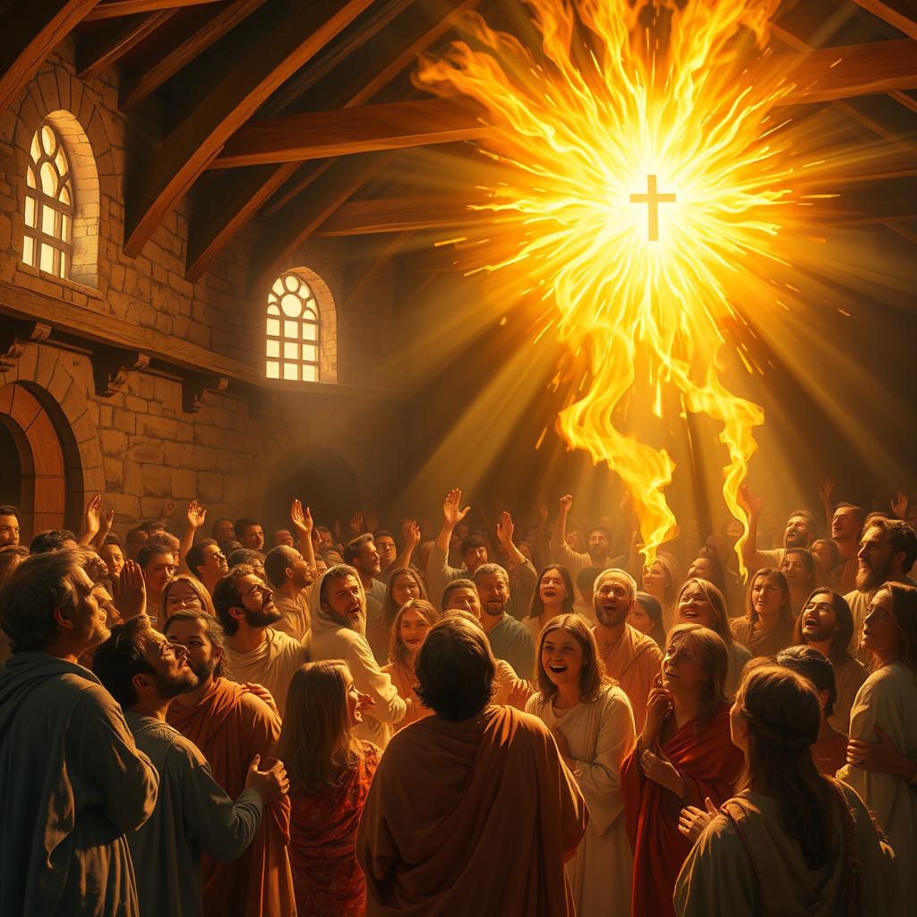 The descent of the Holy Spirit in the primitive church, depicting a scene filled with believers gathered in an ancient church setting