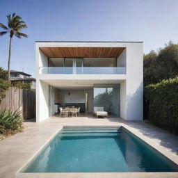 A small modern beach house with a compact pool in the front, with a design that breaks away from the norm, offering a unique experience through its architectural creativity and artistic details.