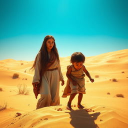 A dramatic scene depicting Hagar and her son Ismael in a vast desert landscape under a blazing blue sky