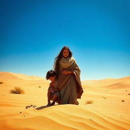 A dramatic scene depicting Hagar and her son Ismael in a vast desert landscape under a blazing blue sky