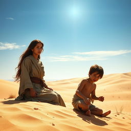 A dramatic scene depicting Hagar and her son Ismael in a vast desert landscape under a blazing blue sky