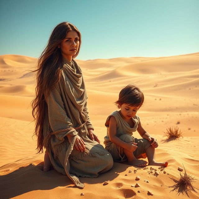 A dramatic scene depicting Hagar and her son Ismael in a vast desert landscape under a blazing blue sky