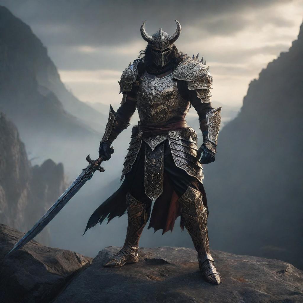 A courageous demon slayer, clad in ornate armor with a gleaming sword, standing in a dramatic pose amid a haunting, shadowy landscape.