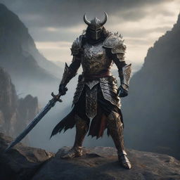 A courageous demon slayer, clad in ornate armor with a gleaming sword, standing in a dramatic pose amid a haunting, shadowy landscape.