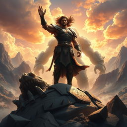 A powerful scene depicting a heroic figure triumphantly standing over a massive defeated giant