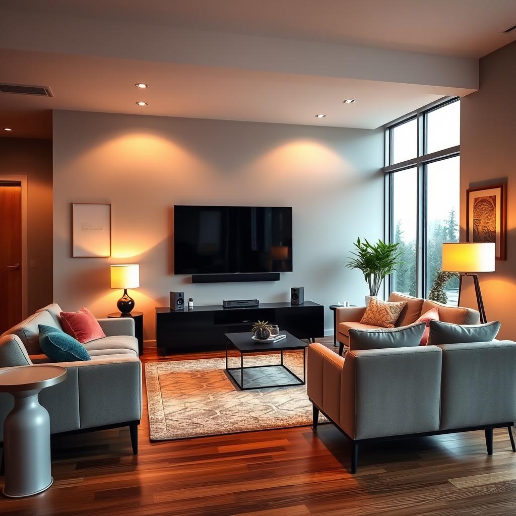 A modern living room designed with a sleek, wall-mounted smart TV as the focal point