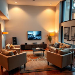 A modern living room designed with a sleek, wall-mounted smart TV as the focal point