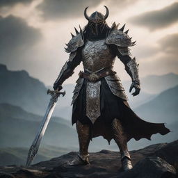 A courageous demon slayer, clad in ornate armor with a gleaming sword, standing in a dramatic pose amid a haunting, shadowy landscape.