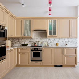 Show an example of a beautifully designed and furnished kitchen interior.