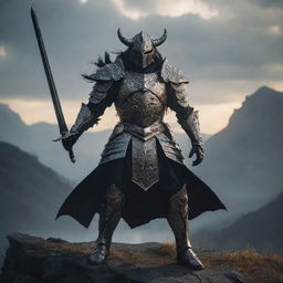 A courageous demon slayer, clad in ornate armor with a gleaming sword, standing in a dramatic pose amid a haunting, shadowy landscape.